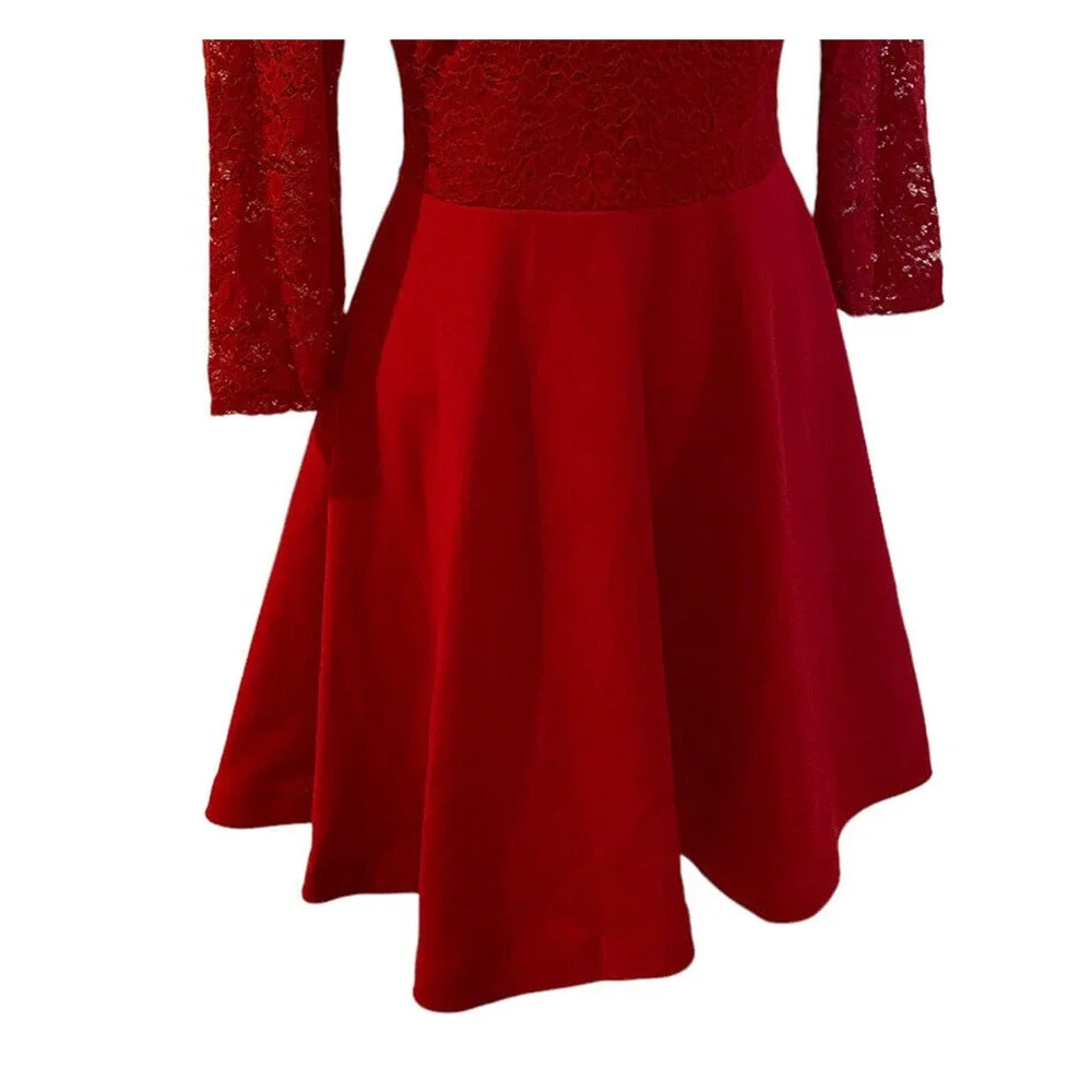 B. Darlin Lace Crepe Ruby Red Bow Back Skater Cocktail Party Bow Back Mini Dress - Picture 12 of 15